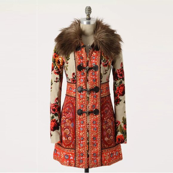 Elevenses Anthropologie Karelia velvet embroidered faux fur collar jacket coat - Picture 2 of 16